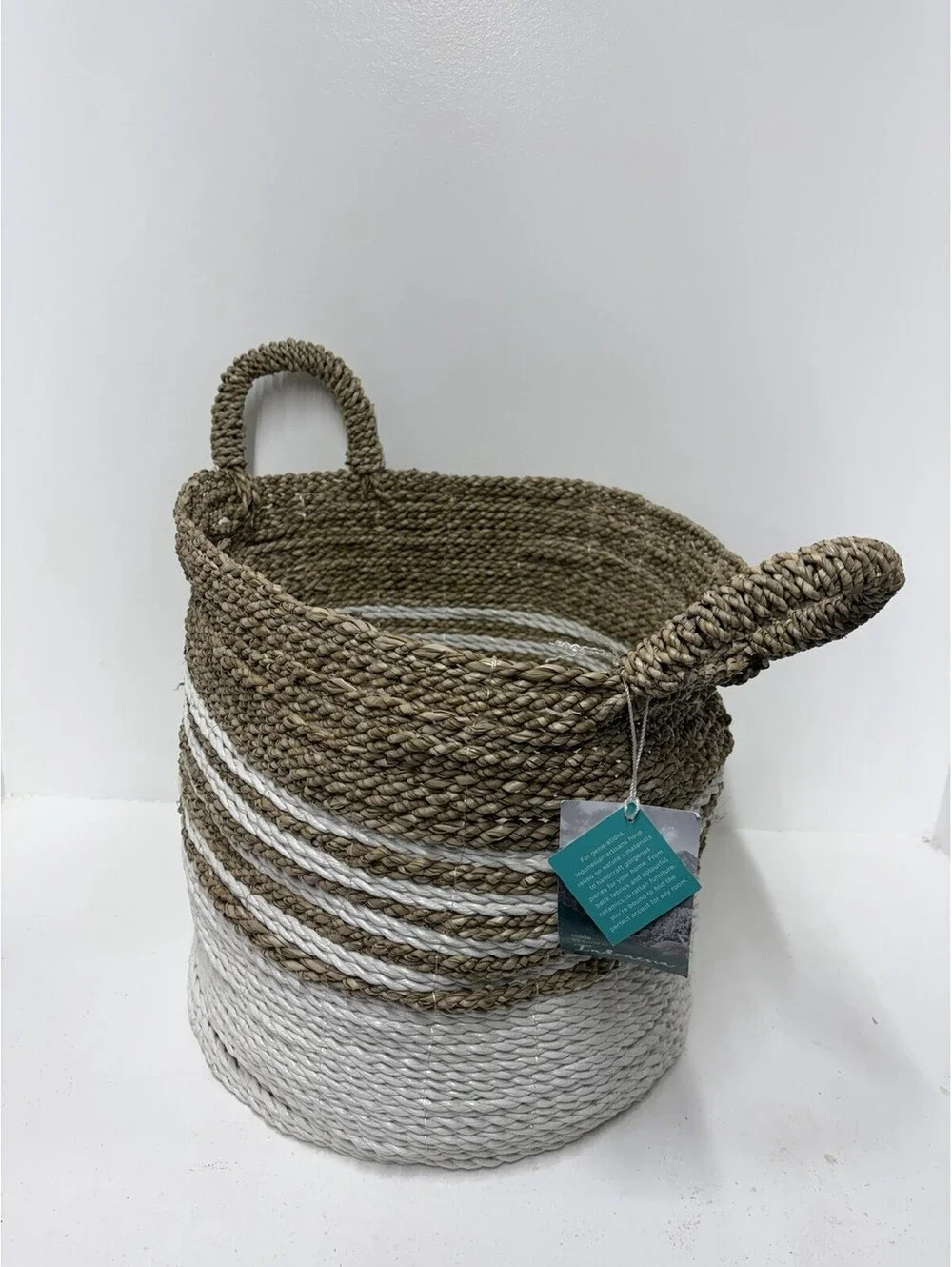 Large Woven Natural Fiber Storage Basket - Beige & White NEW WITH TAGS